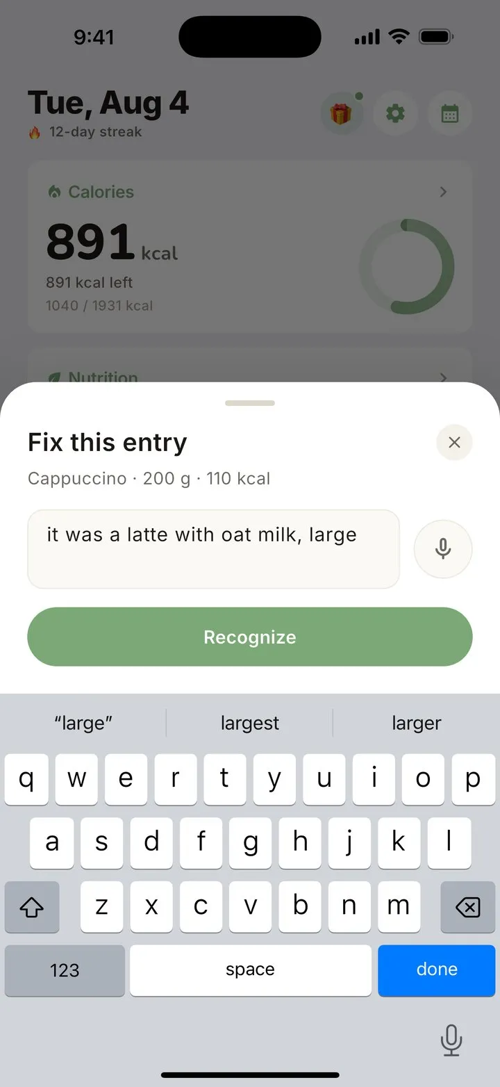 Correcting a recognised meal with one sentence