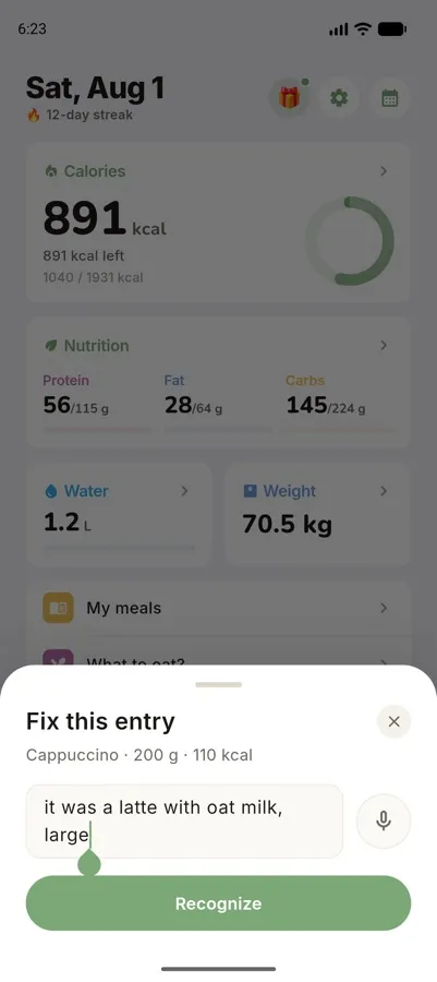 Correcting a recognised meal with one sentence