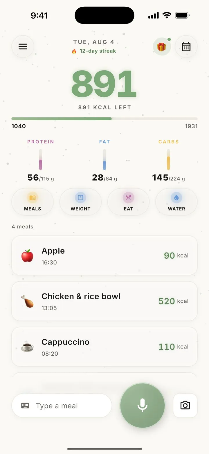 Today screen with calories remaining and macro bars