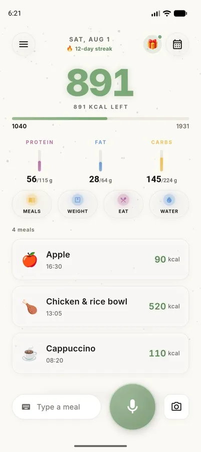 Today screen with calories remaining and macro bars